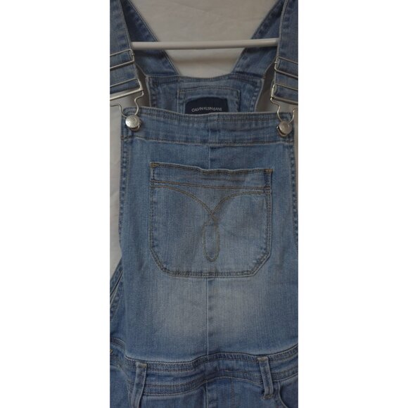Calvin Klein Womens L 12/14 Distressed Light Blue Denim Bib Overall Jorts Shorts - Picture 6 of 14